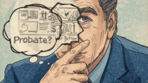 Illustrated man with a thought bubble containing the word ‘Probate?’ surrounded by financial and legal icons representing probate responsibilities and decisions.
