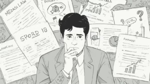 Business professional surrounded by scattered legal and financial documents looking concerned while reviewing papers related to probate bond requirements.