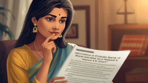 Woman reviewing a printed guide on waivers of probate bonds in a warm, professional setting.