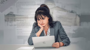 Professional woman working on a laptop while researching court rules and probate bond waiver requirements.