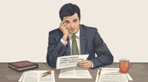 llustration of a professional sitting at a desk reading probate administration paperwork and evaluating court-mandated bonding obligations.