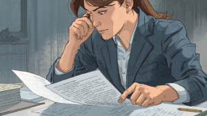 Female executor reviewing estate paperwork while evaluating eligibility for a probate waiver of bond.