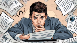 Stressed businessman surrounded by paperwork while reading a probate bond surety form.
