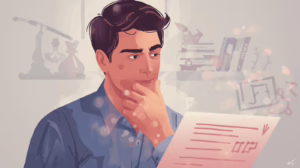 Illustration of a man carefully examining paperwork while considering probate bond requirements.