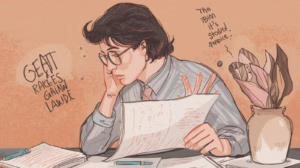 Illustration of a man carefully examining paperwork while considering probate bond requirements.