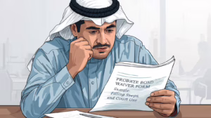 Illustration of a man carefully reviewing a probate bond waiver form and considering the filing steps.