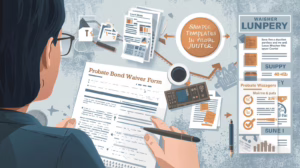 Illustration of a person examining a probate bond waiver form alongside court documents and sample templates.
