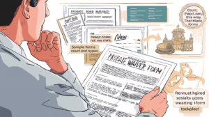 Illustration of a man evaluating various probate waiver forms and court-related paperwork.