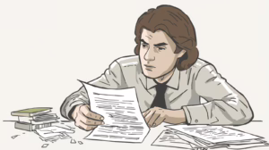 Man examining probate-related paperwork spread across a desk.