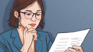 Illustration of a woman reading probate paperwork carefully, highlighting the importance of understanding probate bond requirements.