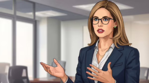 A professional woman in a navy business suit speaking in an office conference room, gesturing with her hands as she explains probate bond requirements.