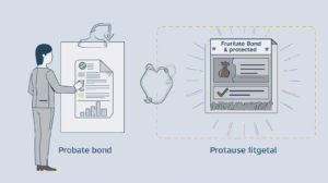 Illustration comparing a probate bond document to a protected bond certificate, showing charts and icons that represent estate protection and compliance.