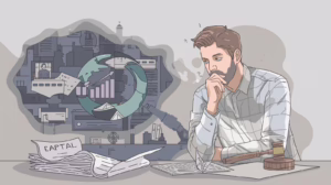 llustration of a man reviewing complex financial paperwork and probate cost considerations during estate administration.