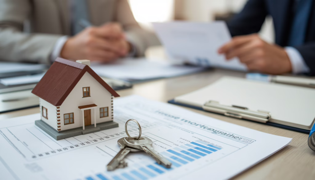 Homeownership and mortgage licensing concept showing house model, keys, and financial documents related to South Dakota mortgage broker and lender bond compliance.