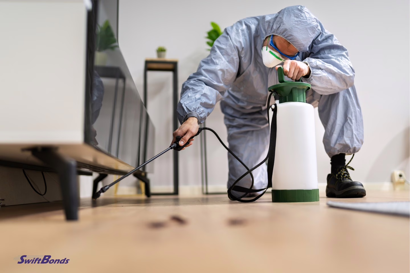Termite insecticide is being sprayed by a pest control exterminator.