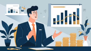 Financial adviser presenting investment performance charts and financial growth data while discussing compliance and fiduciary responsibilities.