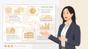 Illustrated presentation showing how construction bonds support subdivision projects, business stability, and regulatory approval through structured processes.