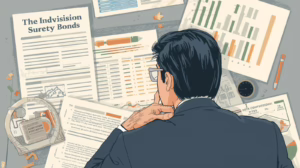Developer reviewing subdivision surety bond documents and financial charts, representing careful compliance planning and municipal approval preparation.