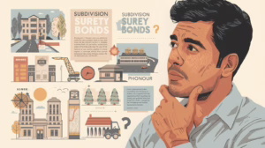 Illustration showing a developer evaluating subdivision surety bond requirements, emphasizing compliance, infrastructure planning, and risk management in land development projects.