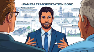 Professional discussing Nampa transportation bond requirements with stakeholders using infrastructure plans and city development visuals