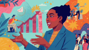 Illustration of a woman entrepreneur explaining business growth with charts and community success imagery