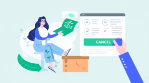 Illustration of a customer canceling an insurance policy online, showing a refund request, digital policy dashboard, and cancellation confirmation button.