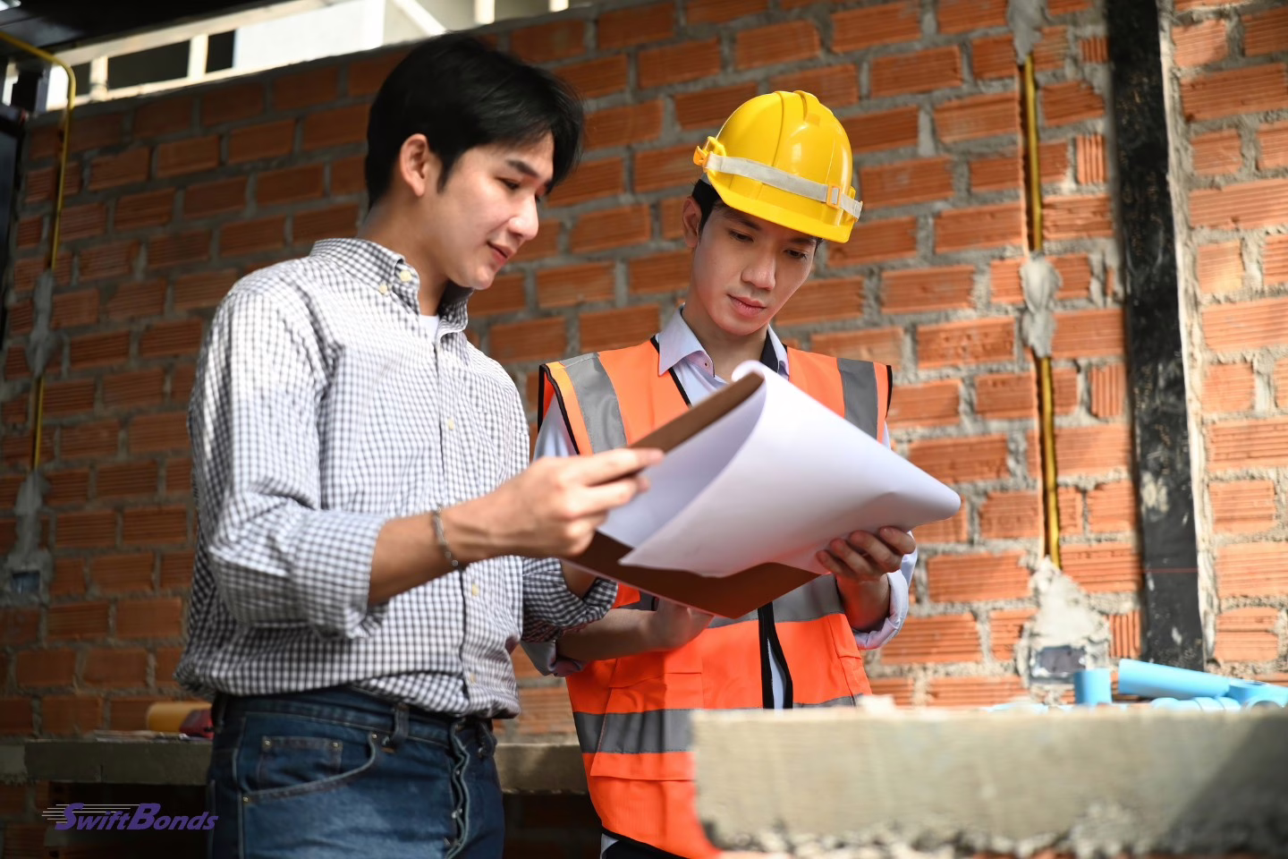 Homeowner and contractor discussing renovation plans in a meeting, reviewing layouts and project details for a home improvement project.