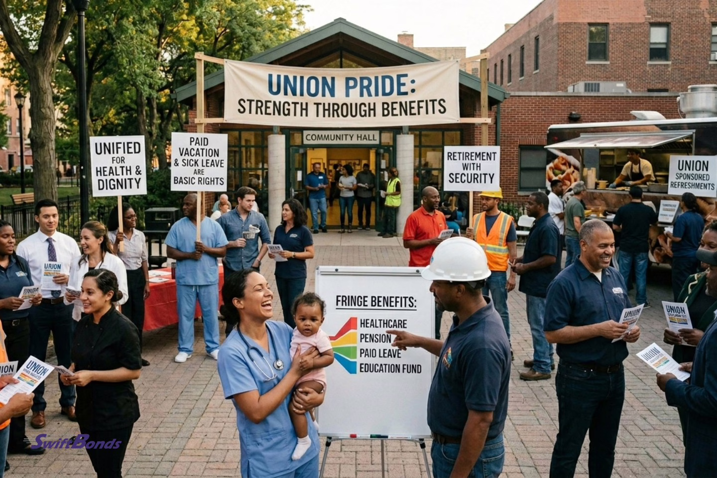 Group of workers standing outside a community hall engaged in discussion.