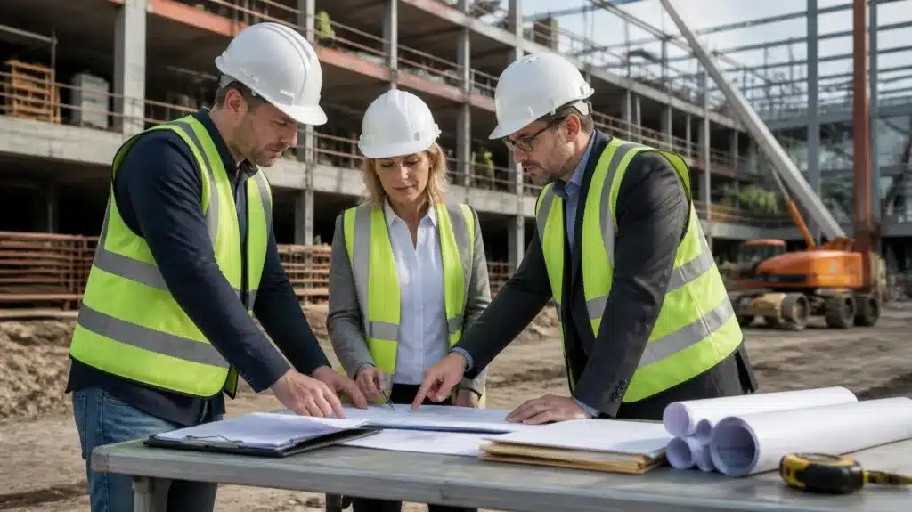Commercial contractor team reviewing blueprints at Sheridan construction project site