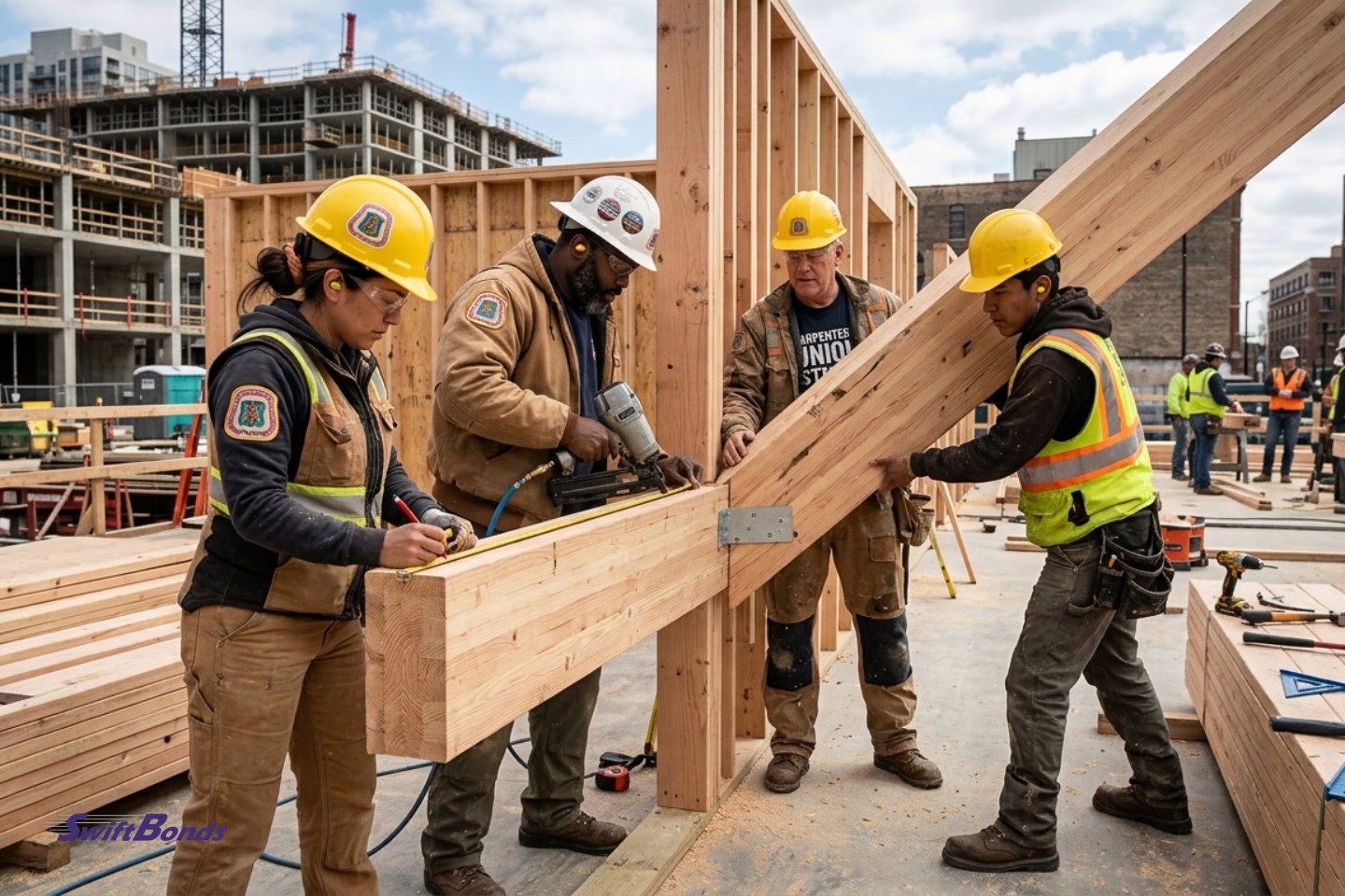 a team of laborers constructing a home, such as carpenters.