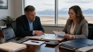 Plan fiduciary reviewing ERISA bond documents with financial advisor in office